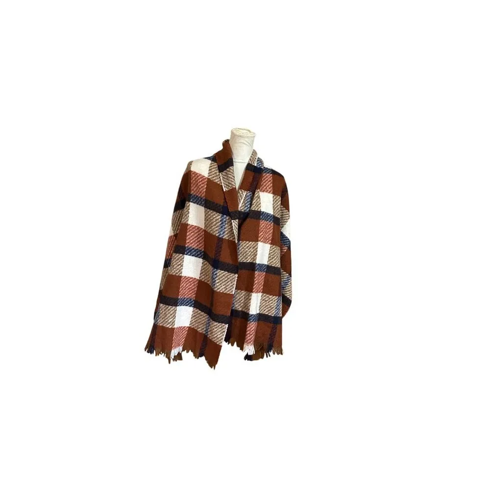 Plaid Blanket Scarf With Fringed Edges - Image 10