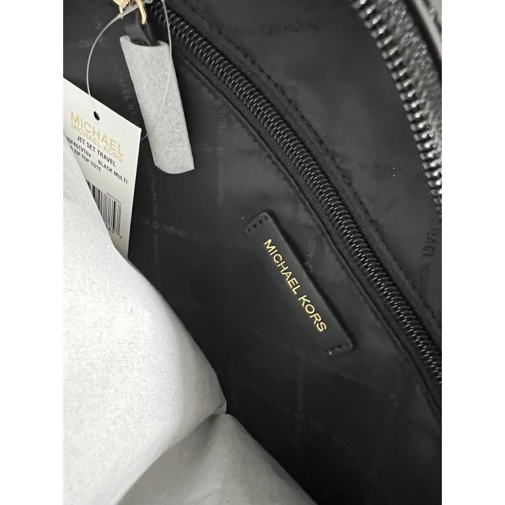 Michael Kors Jet Set Travel Large Tote Bag In Beige & Black Canvas - Image 6