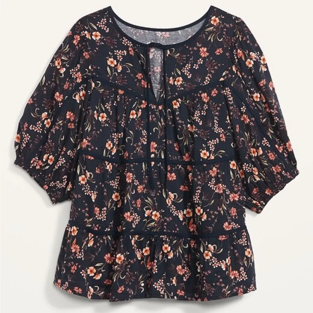 OLD NAVY Puff Sleeve Floral Tiered Swing Blouse Navy Blue Short Sleeve Peasant S - Image 4