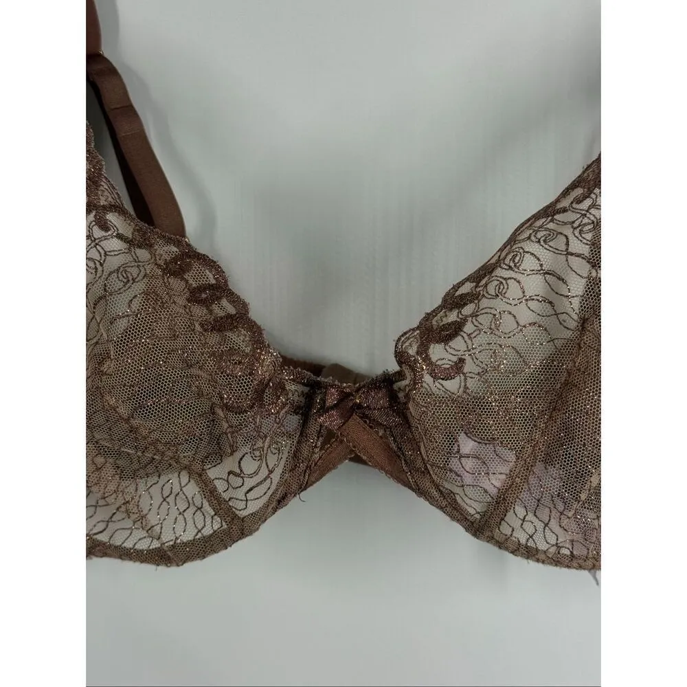 Savage X Fenty unlined sheer metallic bronze lace bra size 38C Brown - Image 4
