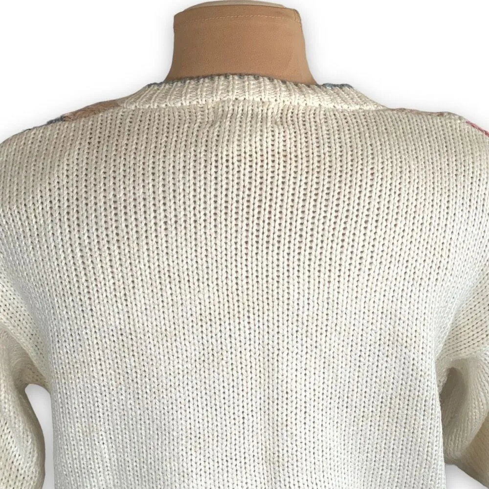 Vintage 90s Cardigan Sweater Patchwork Cable Knit White Pastel Button Up Cropped Size M - Image 7