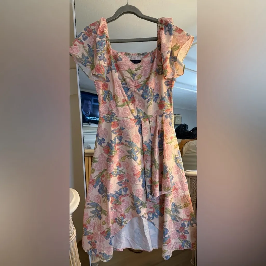 NEW Bridesmay Floral Short Sleeve Flowy Wedding Guest Square Neck Midi Dress XL Pink - Image 2