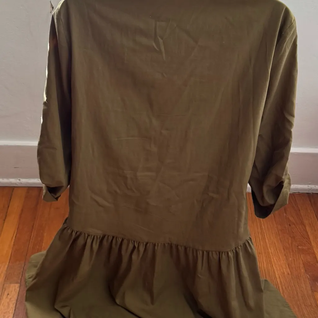 Zara Woman Khaki Olive Green drop waist high neck roll tab sleeves mini Dress XS - Image 8