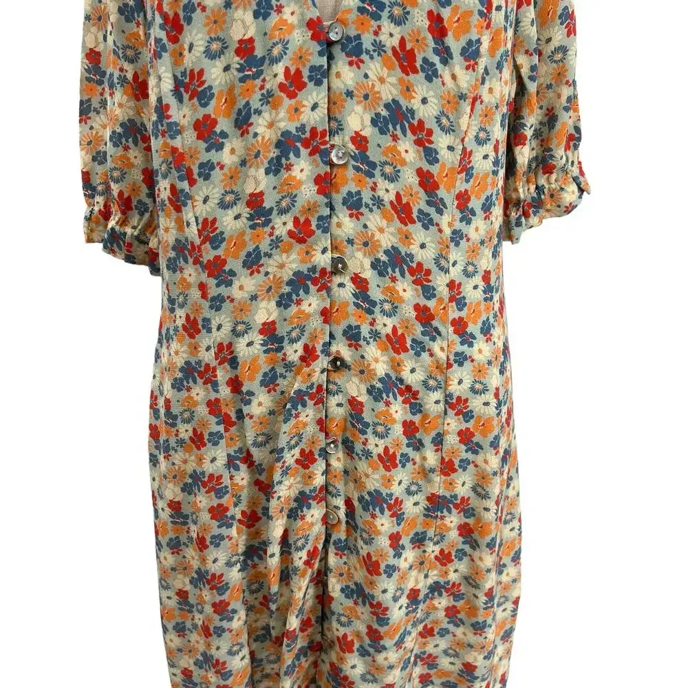 Nobody’s Child Button Front Mini Dress Floral Print Cream Blue Orange Size US 10 - Image 4