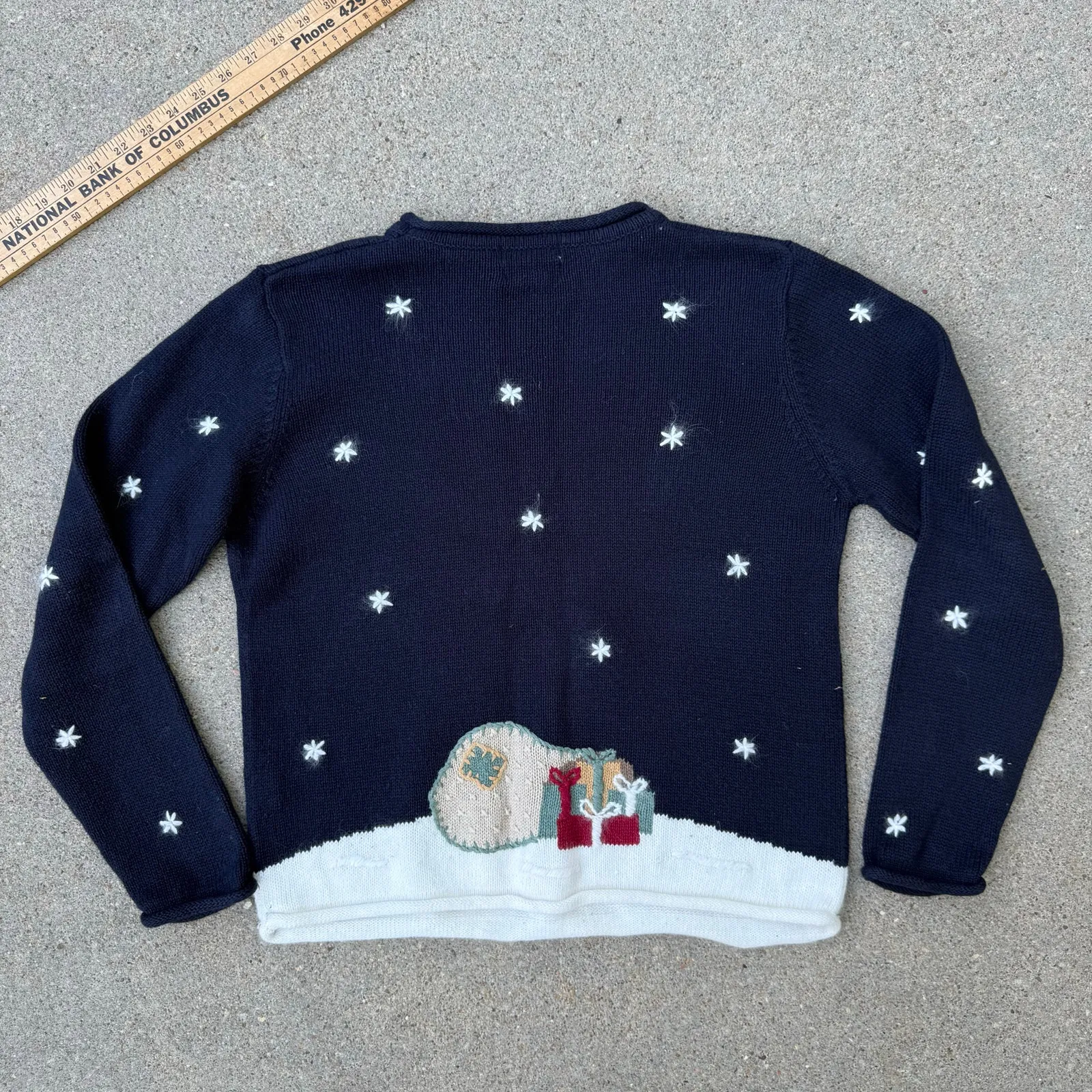 Vintage Y2K 2002 Christopher and Banks Folk Art Santa Snowman Applique Sweater S Blue - Image 2