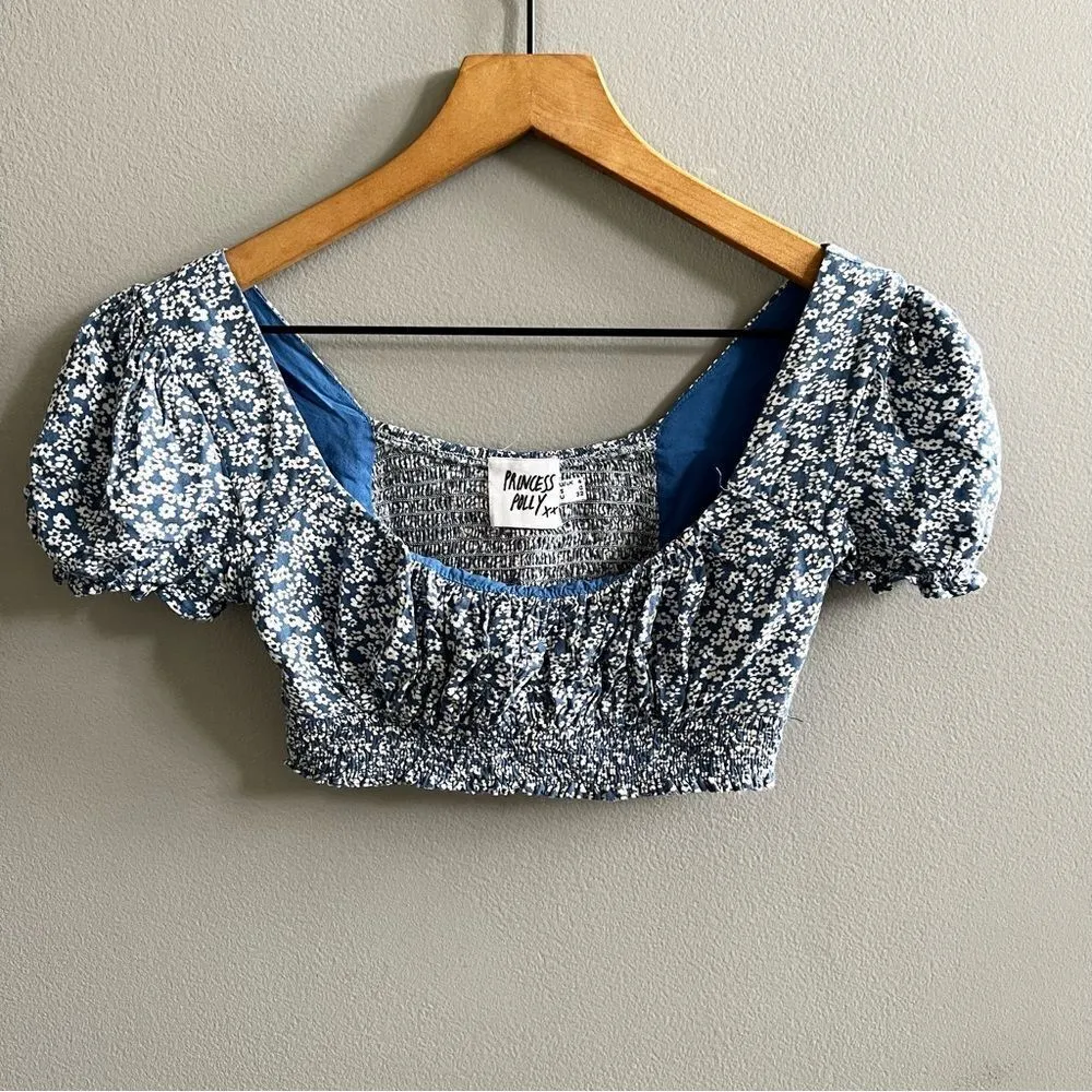 Princess Polly The Meadow Top Blue White Floral Size 4 Puff Sleeve Crop Top - Image 6