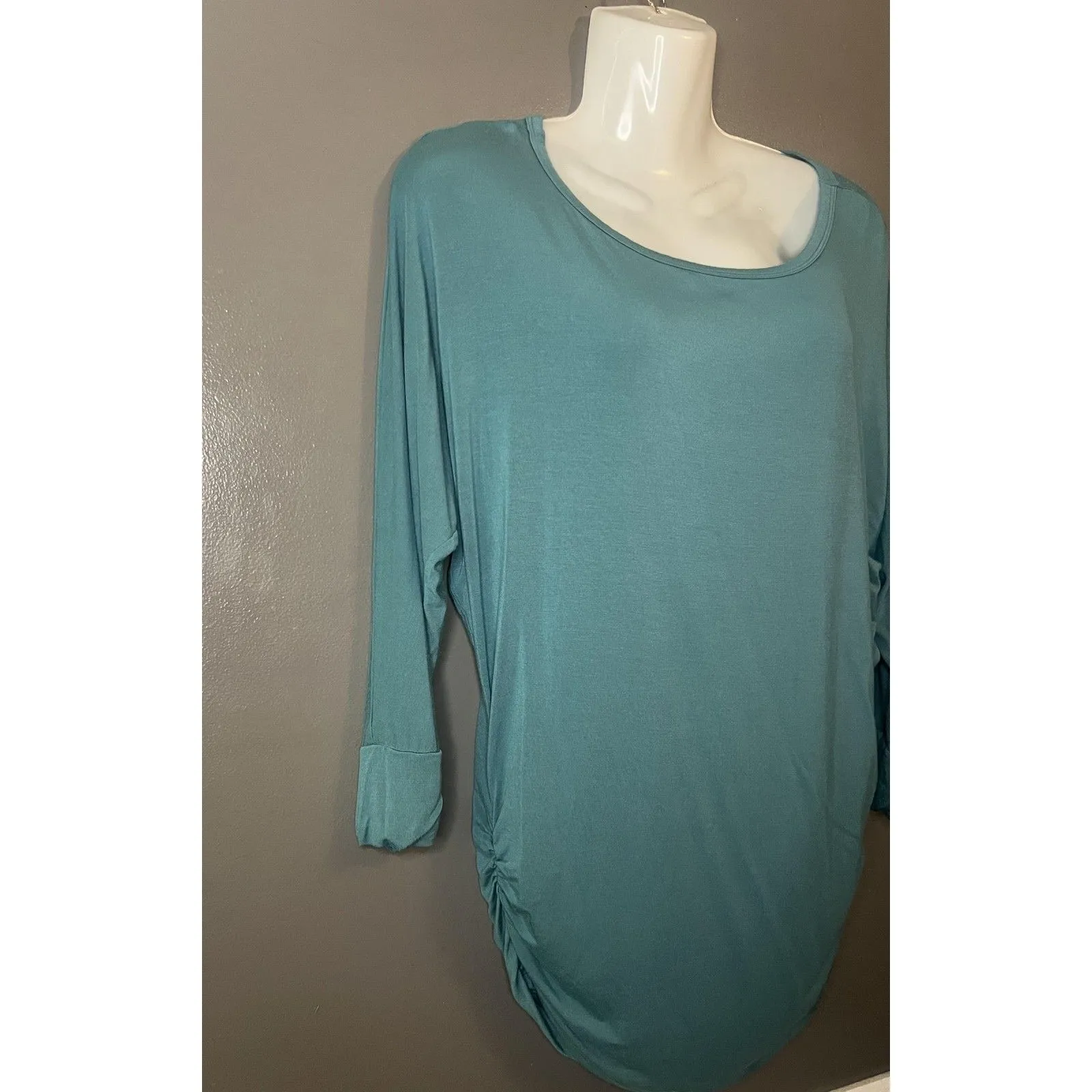 Zenana Shirt Womens Small Teal Dolman Tunic Top 3/4 Sleeve Ruched Side Hem Green - Image 2