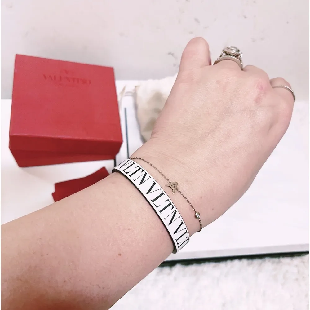 Authentic Valentino Garavani White & Black Thin Leather VLTN Buckle Bracelet - Image 9