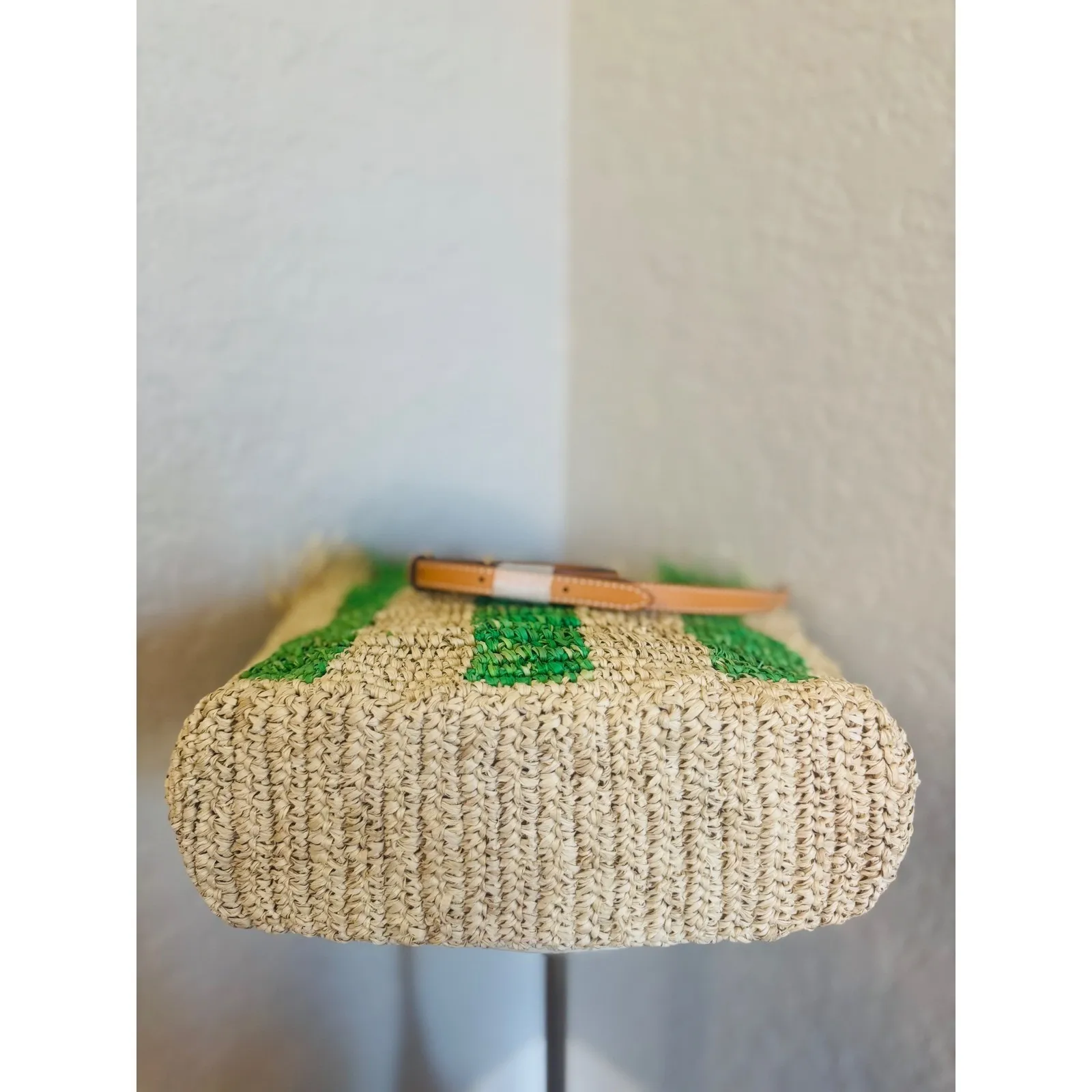 FRANCES VALENTINE Alfie French Straw & Leather Tote Bag, Green Stripe, NWT - Image 13