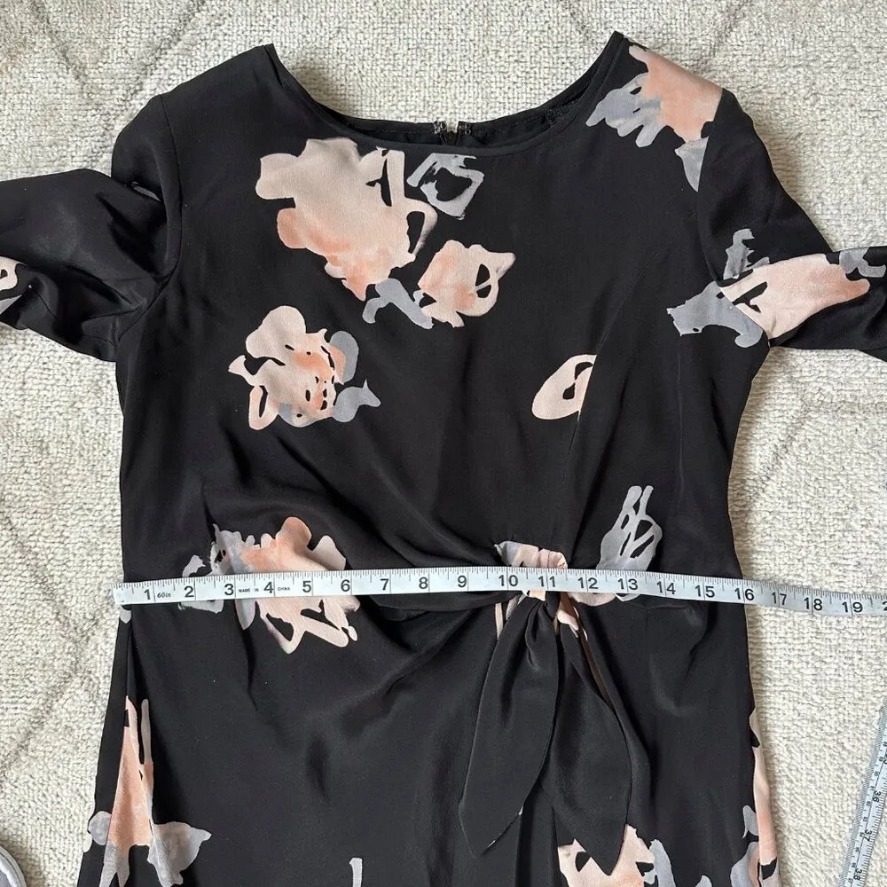 Emporio Armani Black Watercolor Floral Silk Long Sleeve Tie Front Dress - Image 8