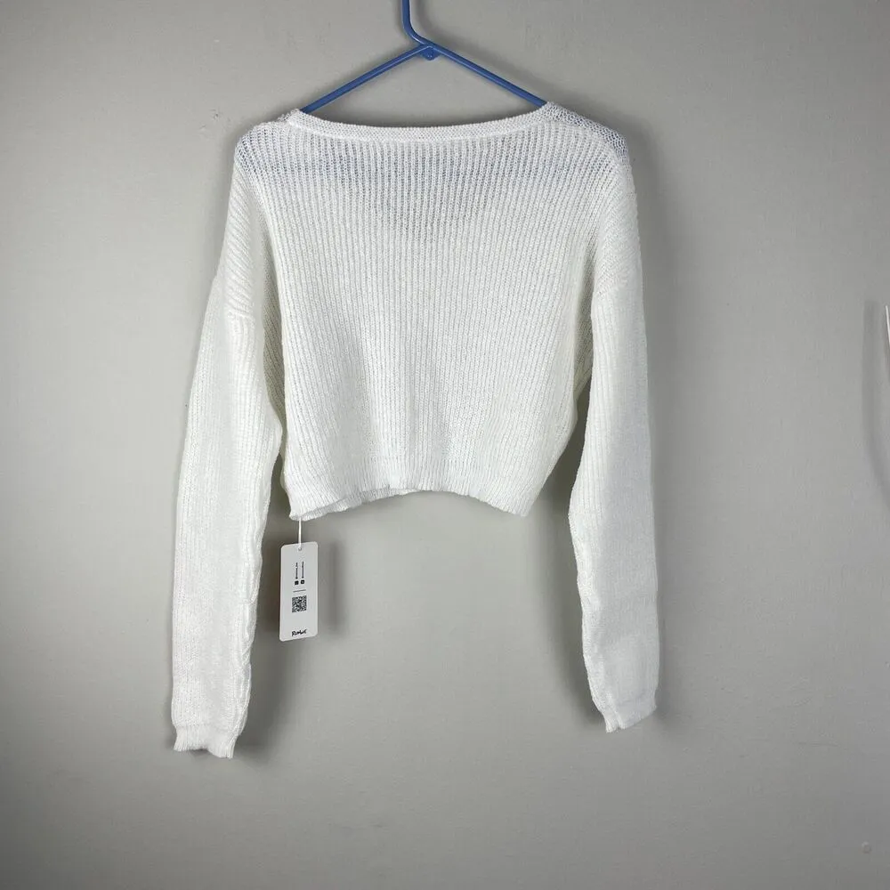 Romwe Womens Small White Cropped Knit Top Long Sleeve V Neck Sweatshirt - Image 2