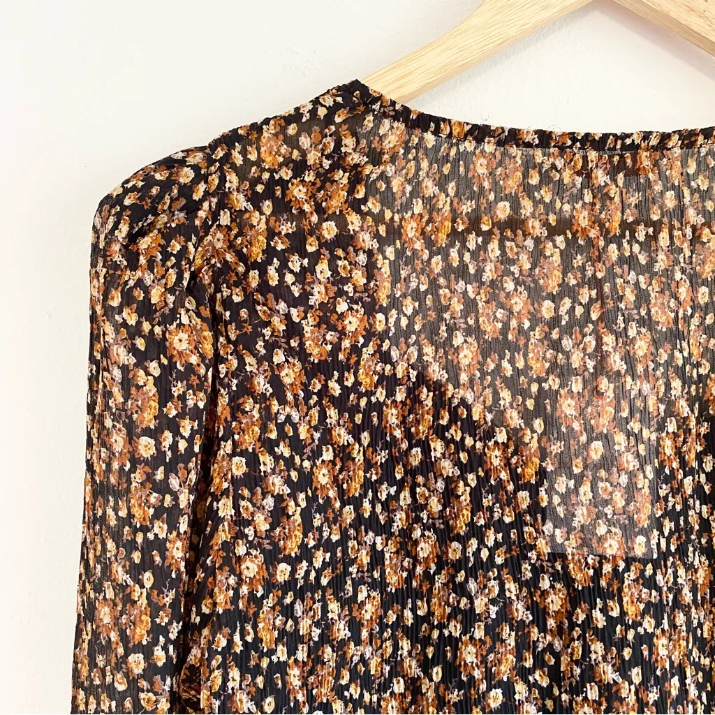 NWT Anthropologie Semi-Sheer Long Sleeve Brown Floral V-neck Babydoll Top Medium - Image 6
