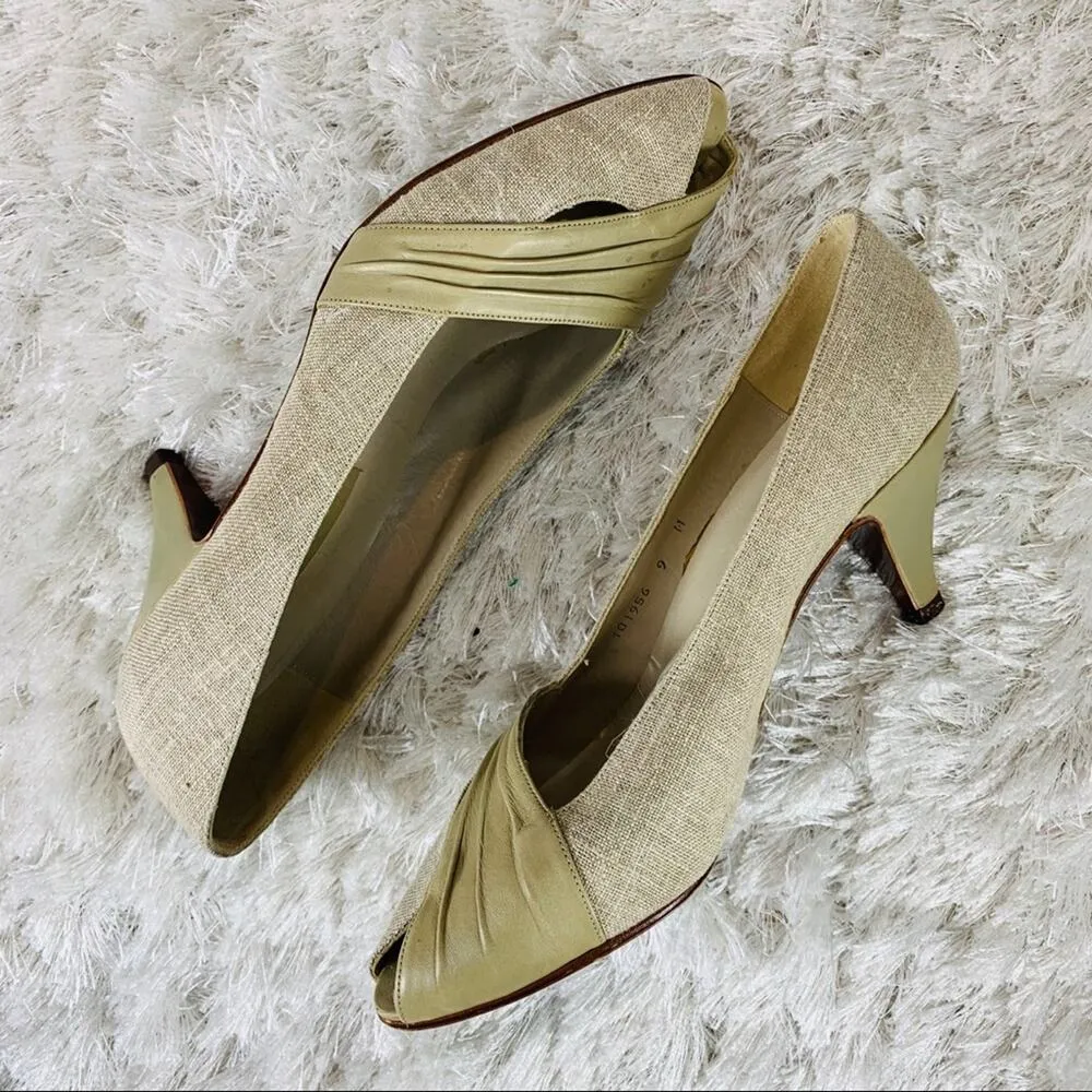 Vintage Linen Peep Toe Pumps Beige Sz 9 Tan - Image 2