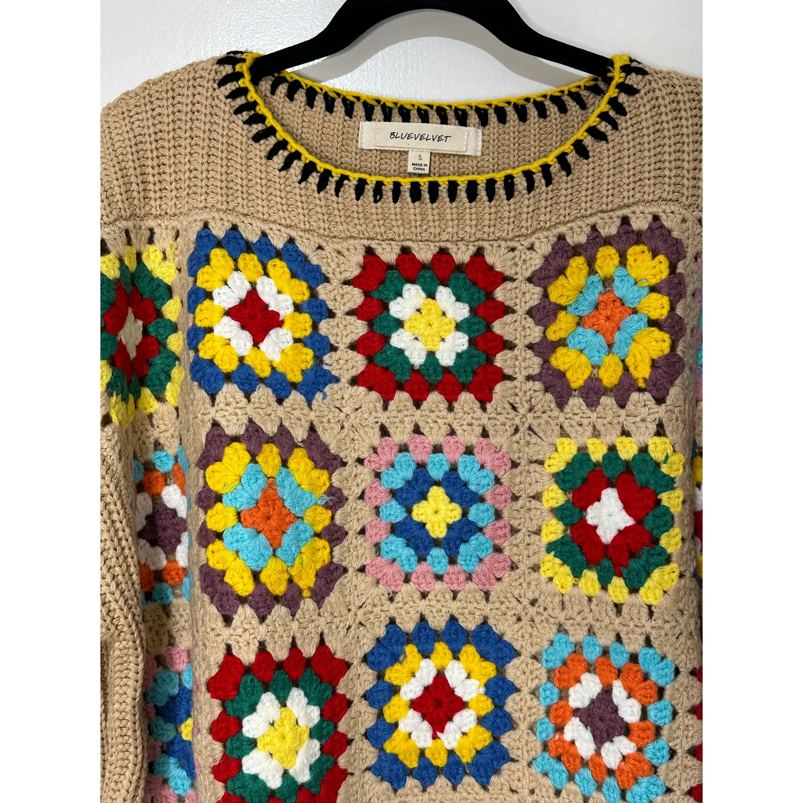 Blue Velvet Granny Square Knit Long Sleeve Sweater Mocha Multicolor Small NWT Brown - Image 3