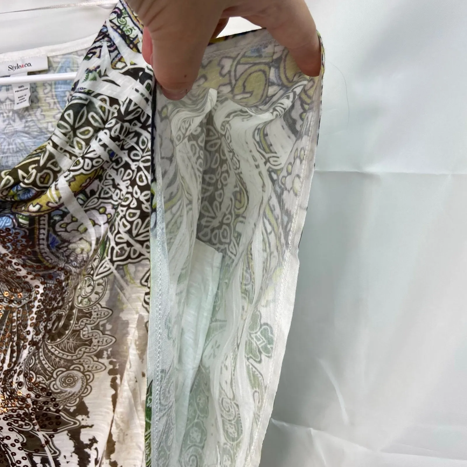 NWOT Style & Co women's green white floral‎ tie dyed faux sequin loose blouse L - Image 2