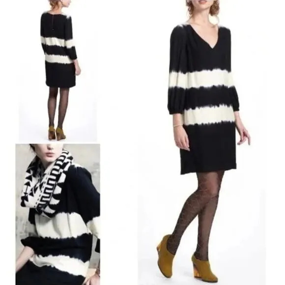 Anthropologie Floreat cream black inkwash tie dye V neck long sleeve dress 2 - Image 2