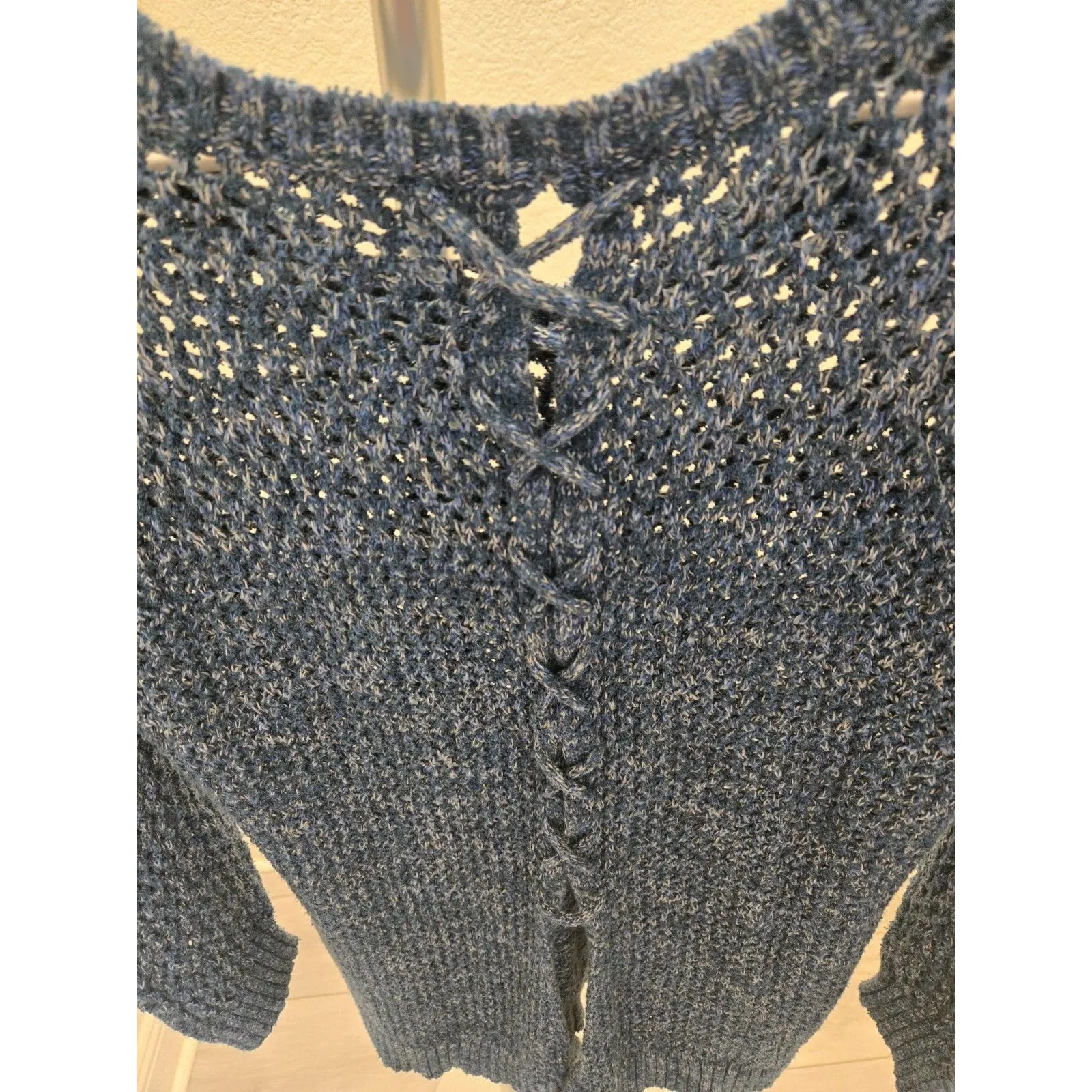 Lucky Brand  Womens Sweater Open Knit Split Back Blue Heather Pullover Size L - Image 4