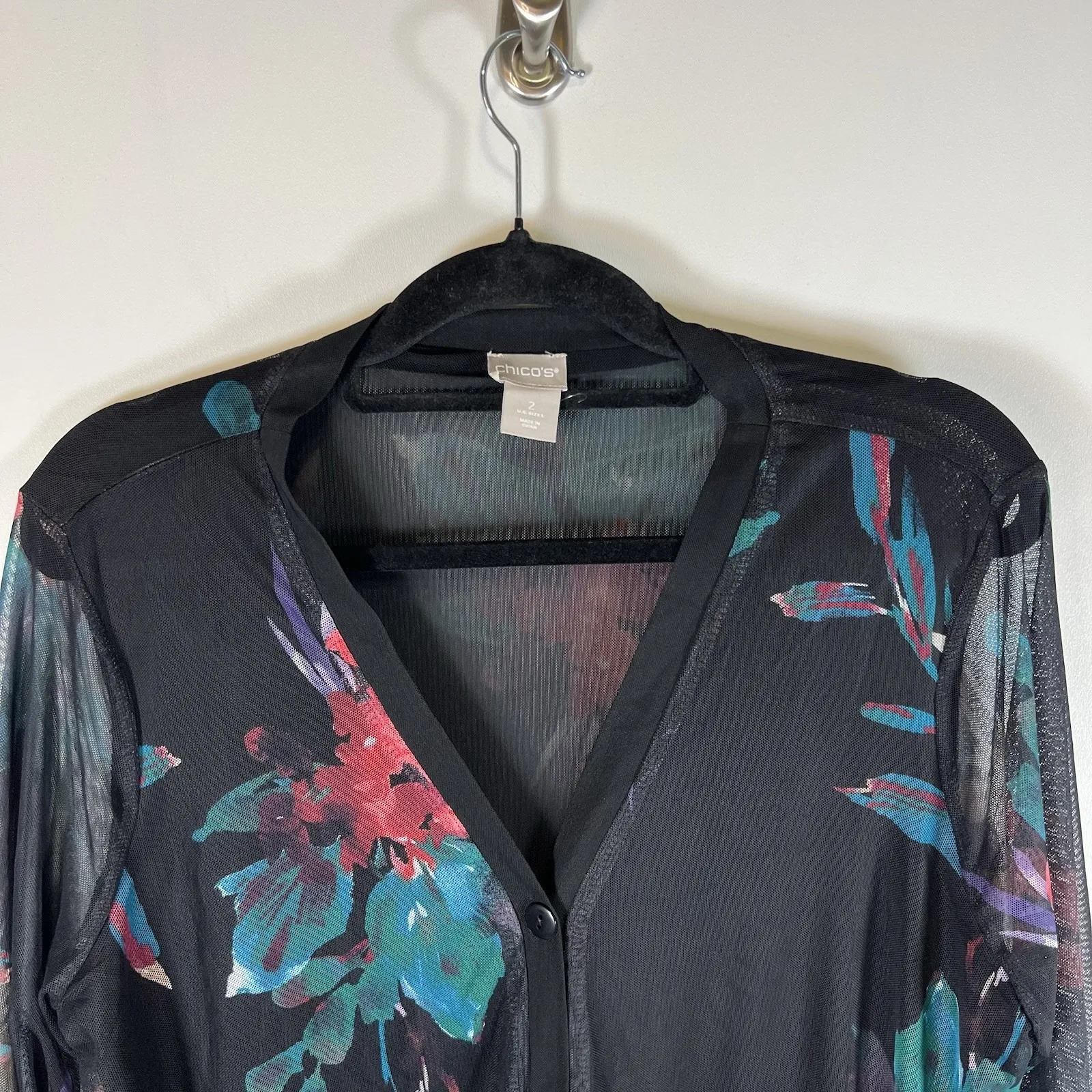 Chico's‎ Semi Sheer Shirt Sweater Black 2/XL Button Up Lined Floral Colorful - Image 2