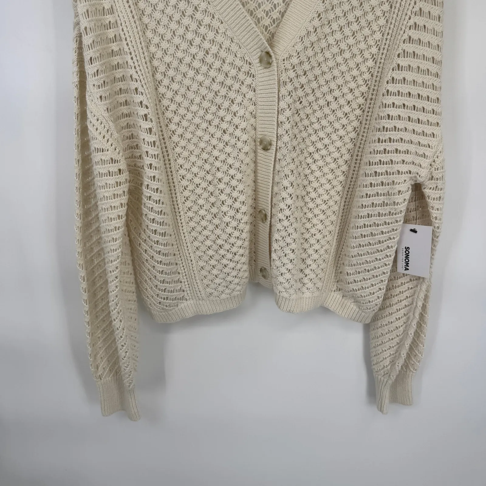SONOMA Cardigan Sweater Womens Large Cream Crochet Knit Boho Grannycore NEW - Image 3