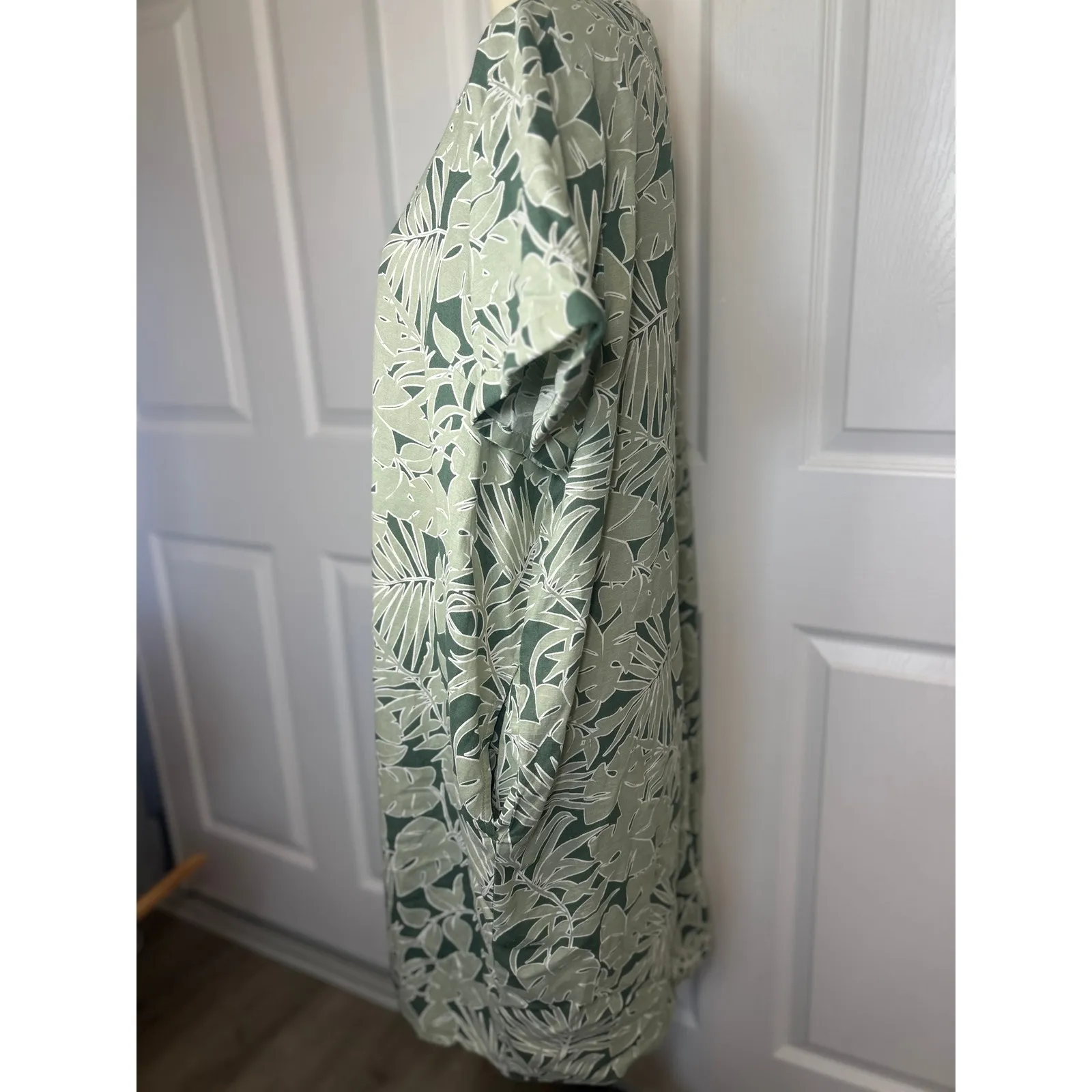 St John's Bay XL Green Tropical Print Linen Shirt‎ Dress Short Sleeve Pockets - Image 3