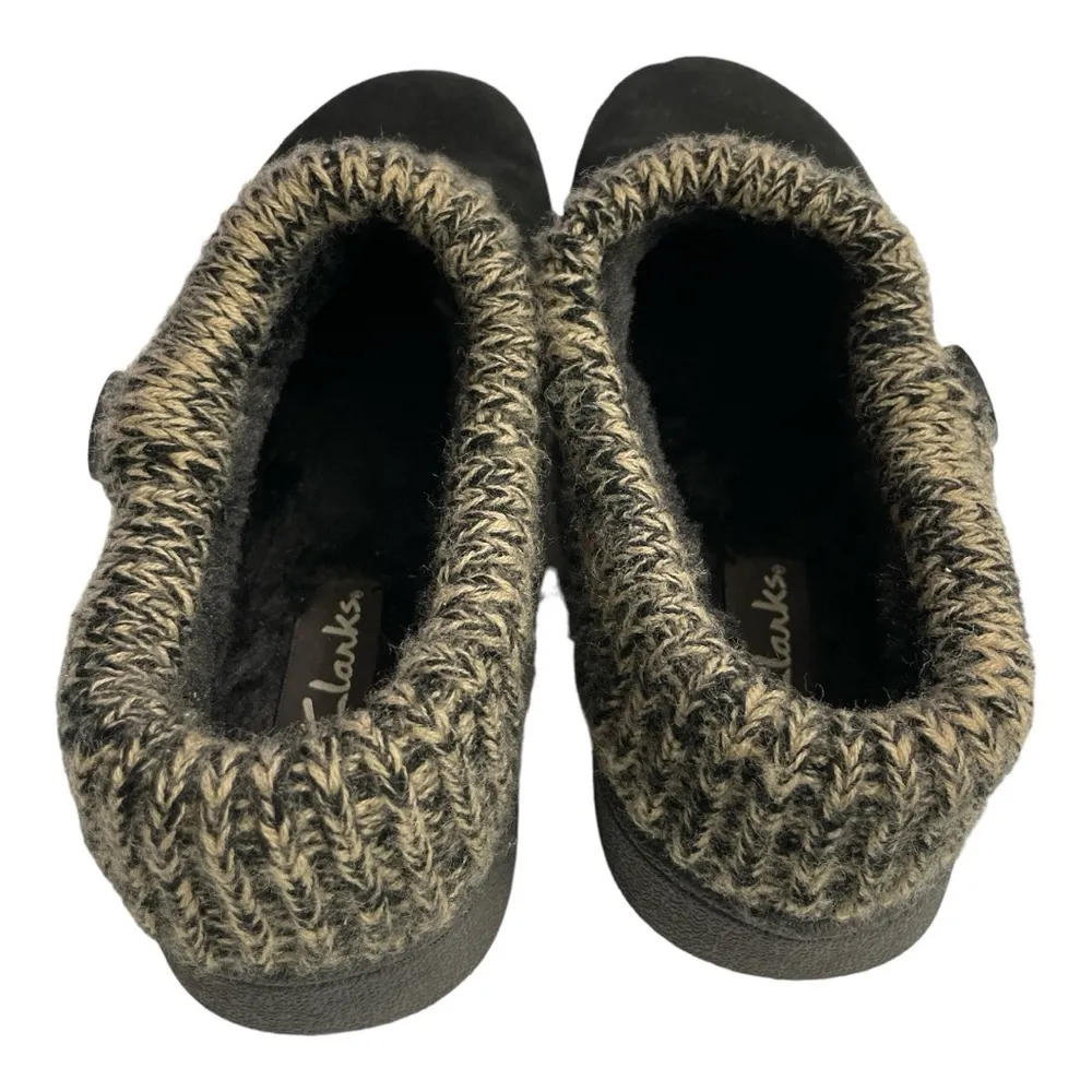 Clarks Black Leather Winter Shoes Women's 9M Knit Collar Slip On Round Toe - Image 8