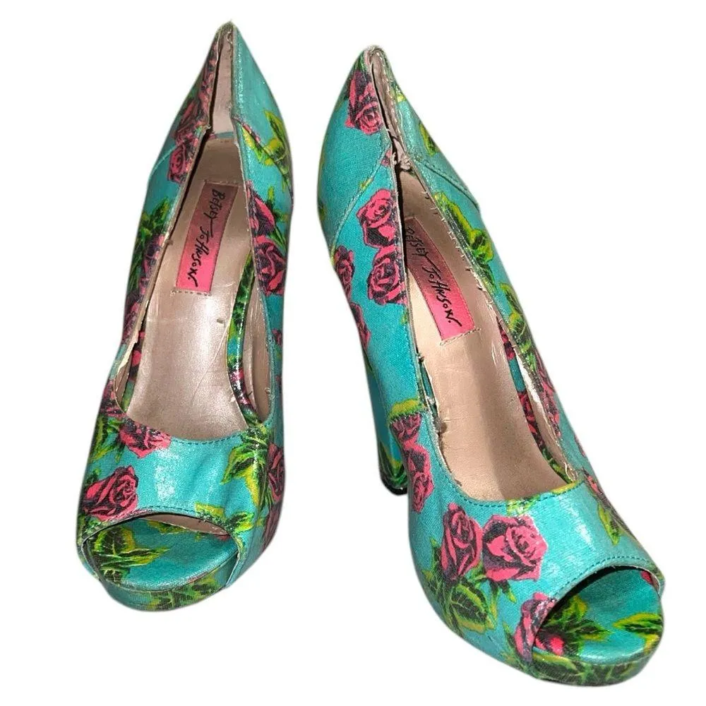 Betsey Johnson Women's Floral Peep Toe Heels - Blue and Pink - Image 6