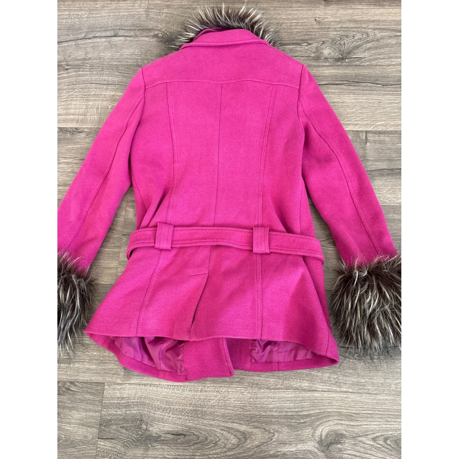 INC International Concepts Hot Pink Faux Fur Trim Belted Coat Medium - Image 7