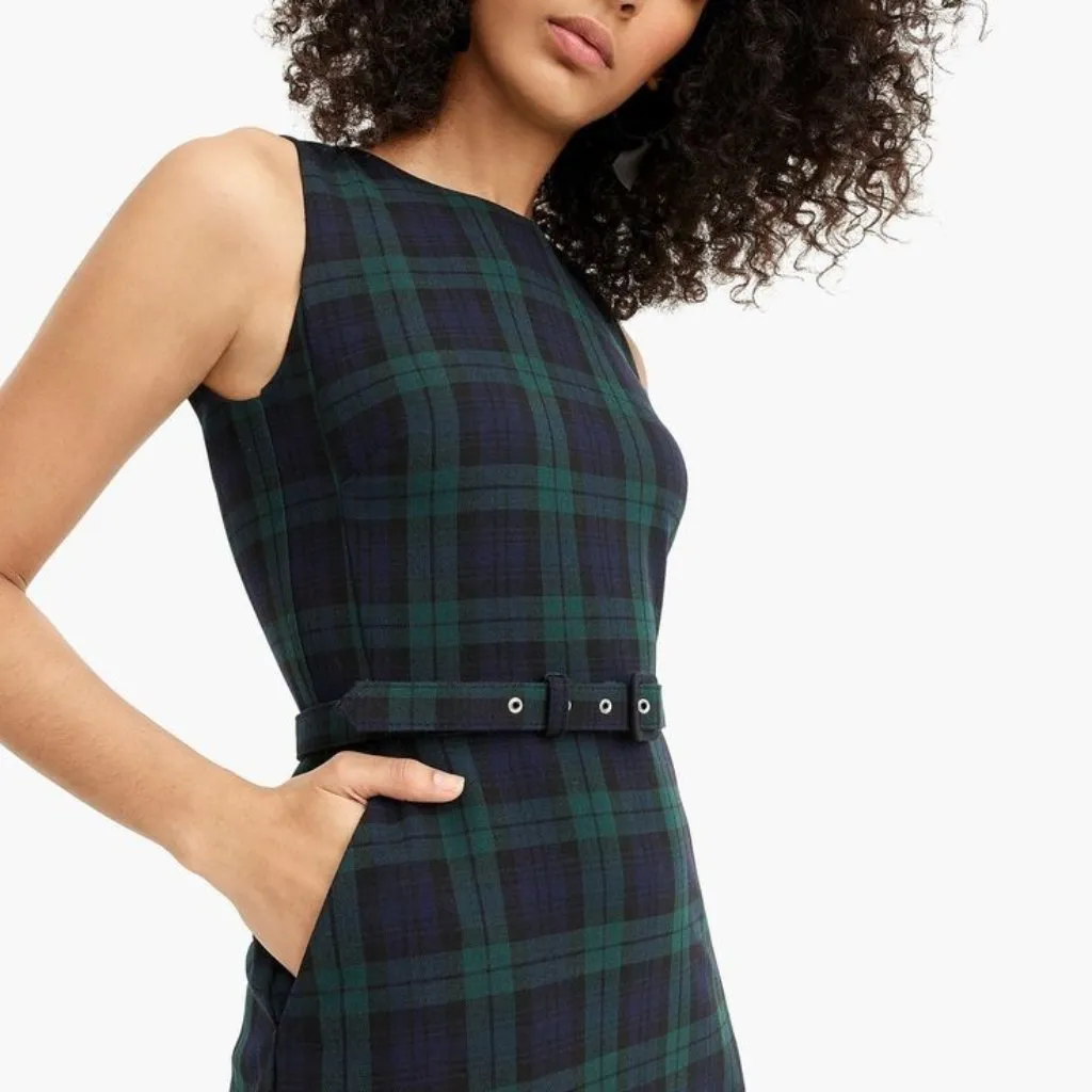 NWT J.Crew Tall Belted Sheath Dress in Navy Multi Black Watch Tartan Dress 6T - Image 2