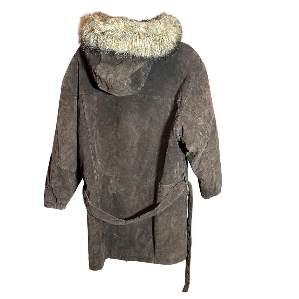 WILSONS ADVENTURE BOUND Suede Leather Coat Fur Trim Hood Sz L Womens - Image 2