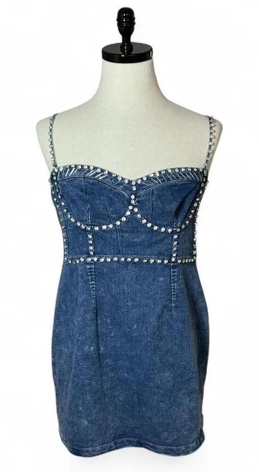 SALT Denim Mini Dress Studded Bustier Spaghetti Straps Blue Jean Party Grunge Size M - Image 1