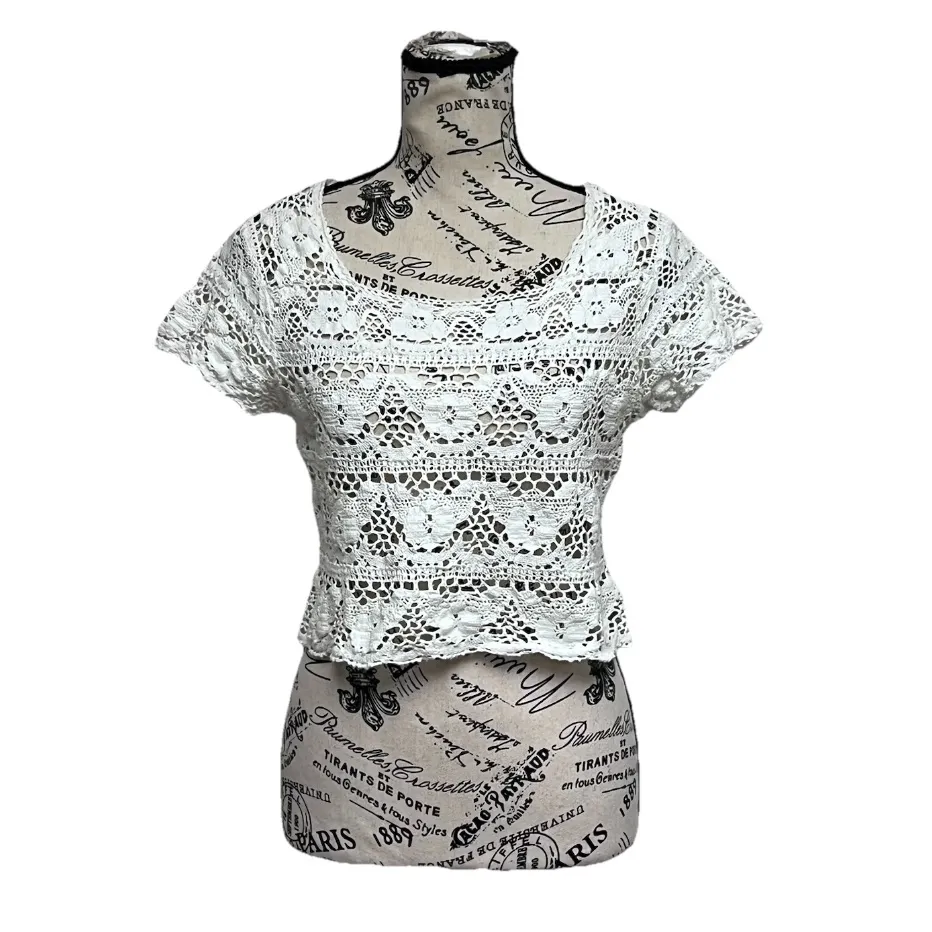 Cottagecore Coquette Crochet Crop Top M Women’s White Open Knit Soft Girl Size M - Image 2