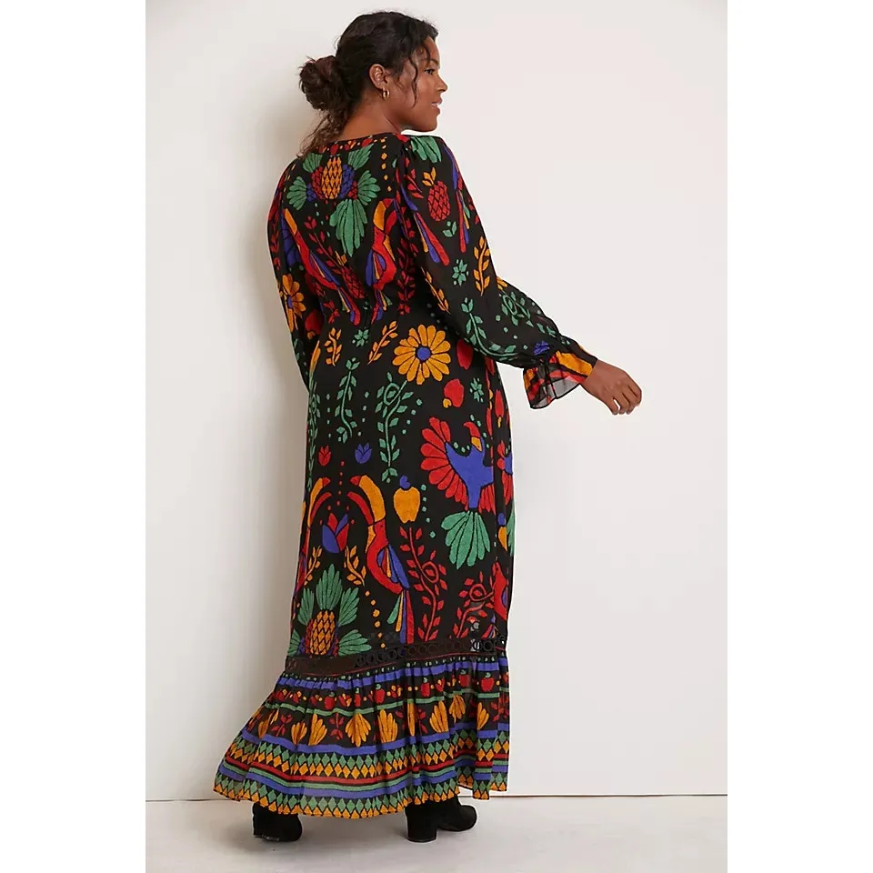 Farm Rio Georgette Tropical Puff Sleeve V-Neck Ruffle Maxi Dress Black Medium - Image 2