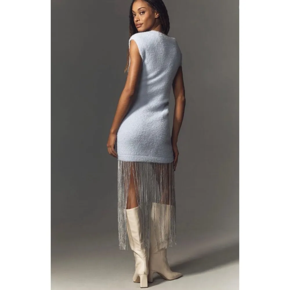 Fringe-Trim Sweater Dress Blue Size M - Image 2