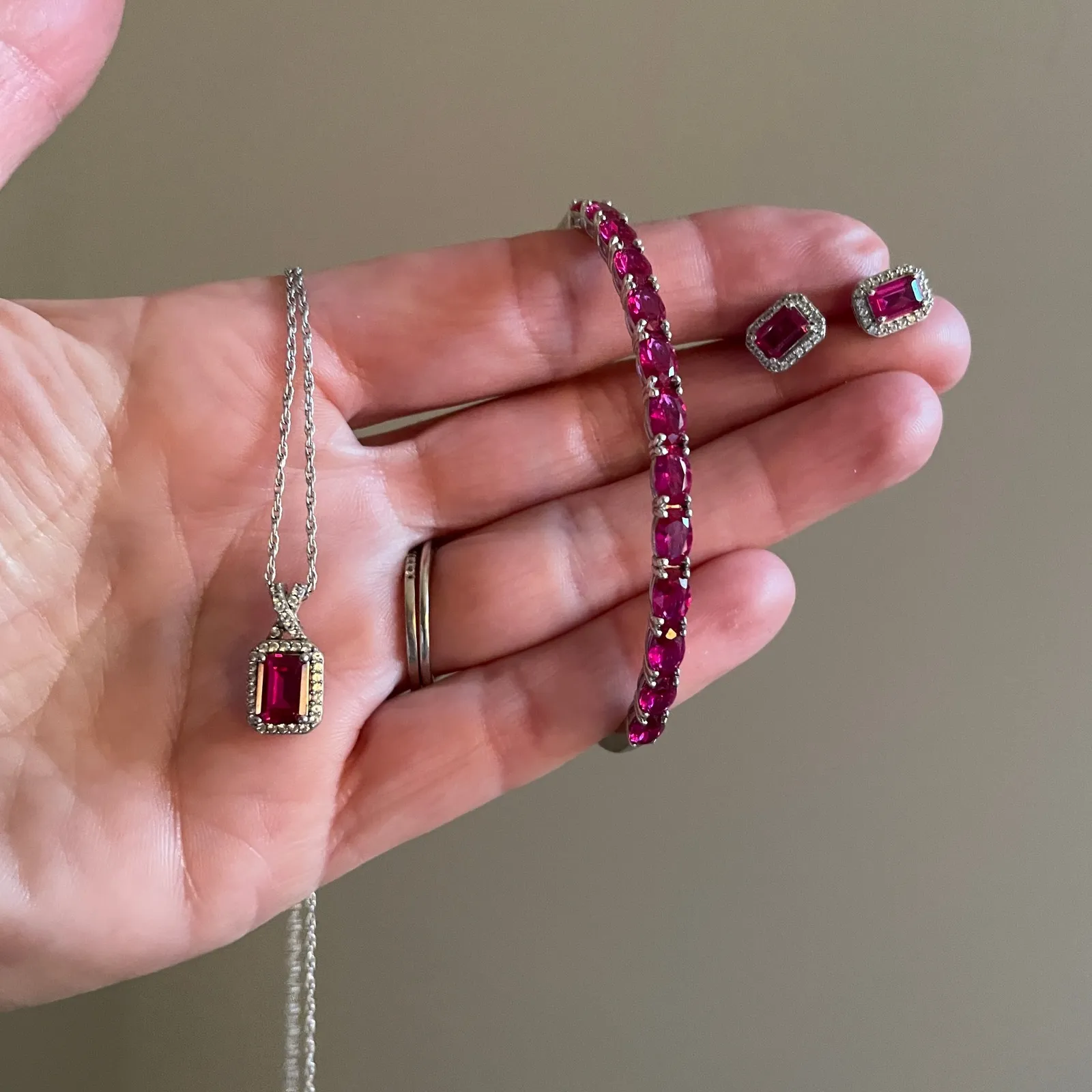 Sterling Silver Pink Tennis Bracelet Necklace Earring Set Emerald Cut Clean Girl - Image 10