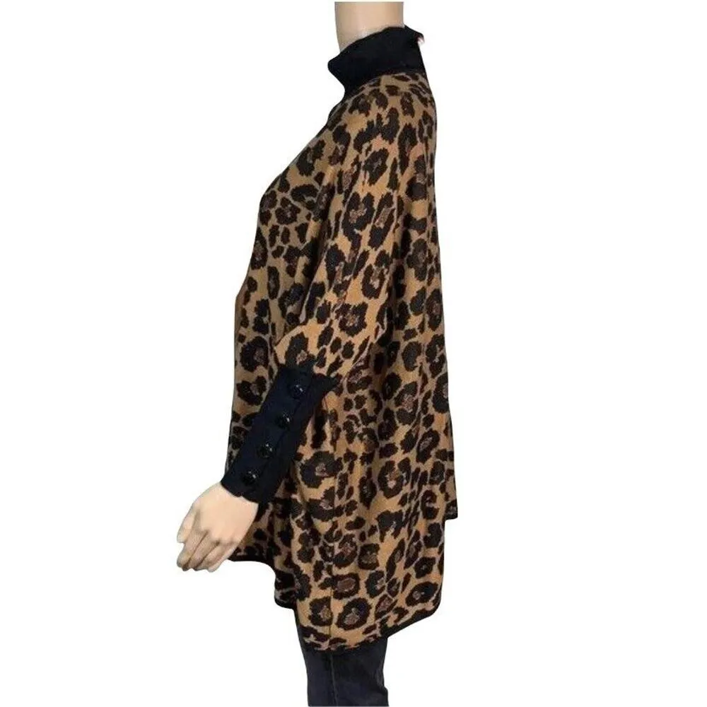 Womens Poncho Sweater Animal Print Turtleneck Pullover Knit XXS - Image 6