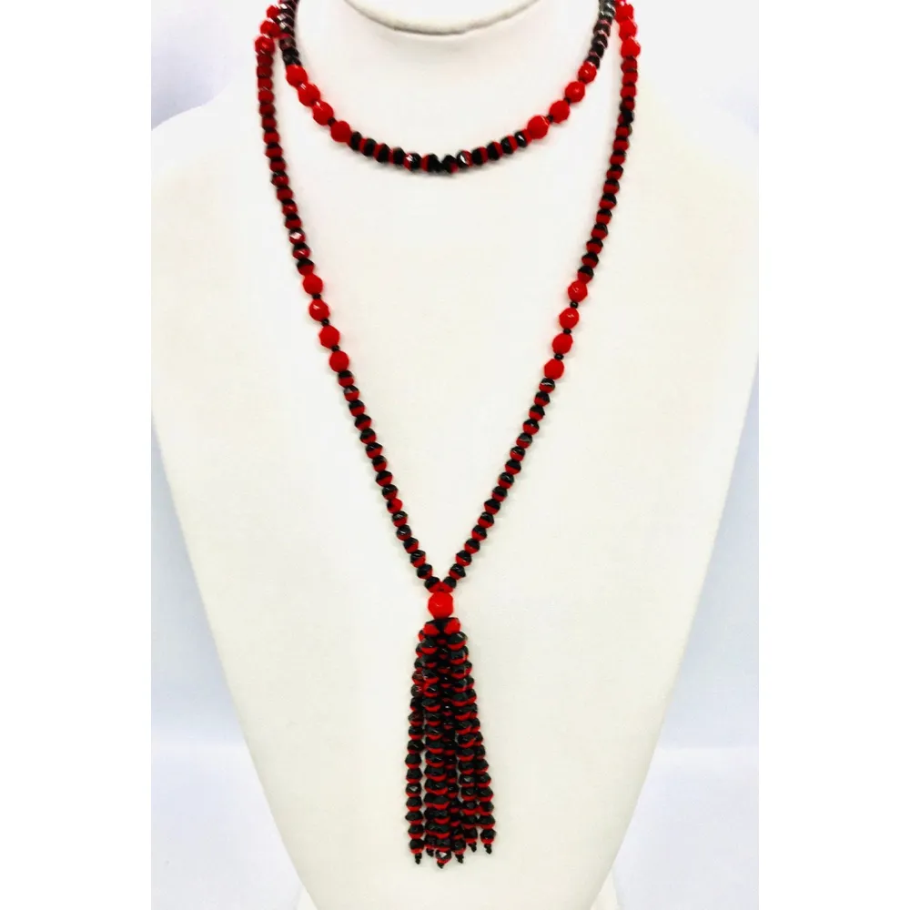 Vintage 20s Art Deco Lavaliere Tassel Fringe Red Back Glass Beaded Necklace - Image 4