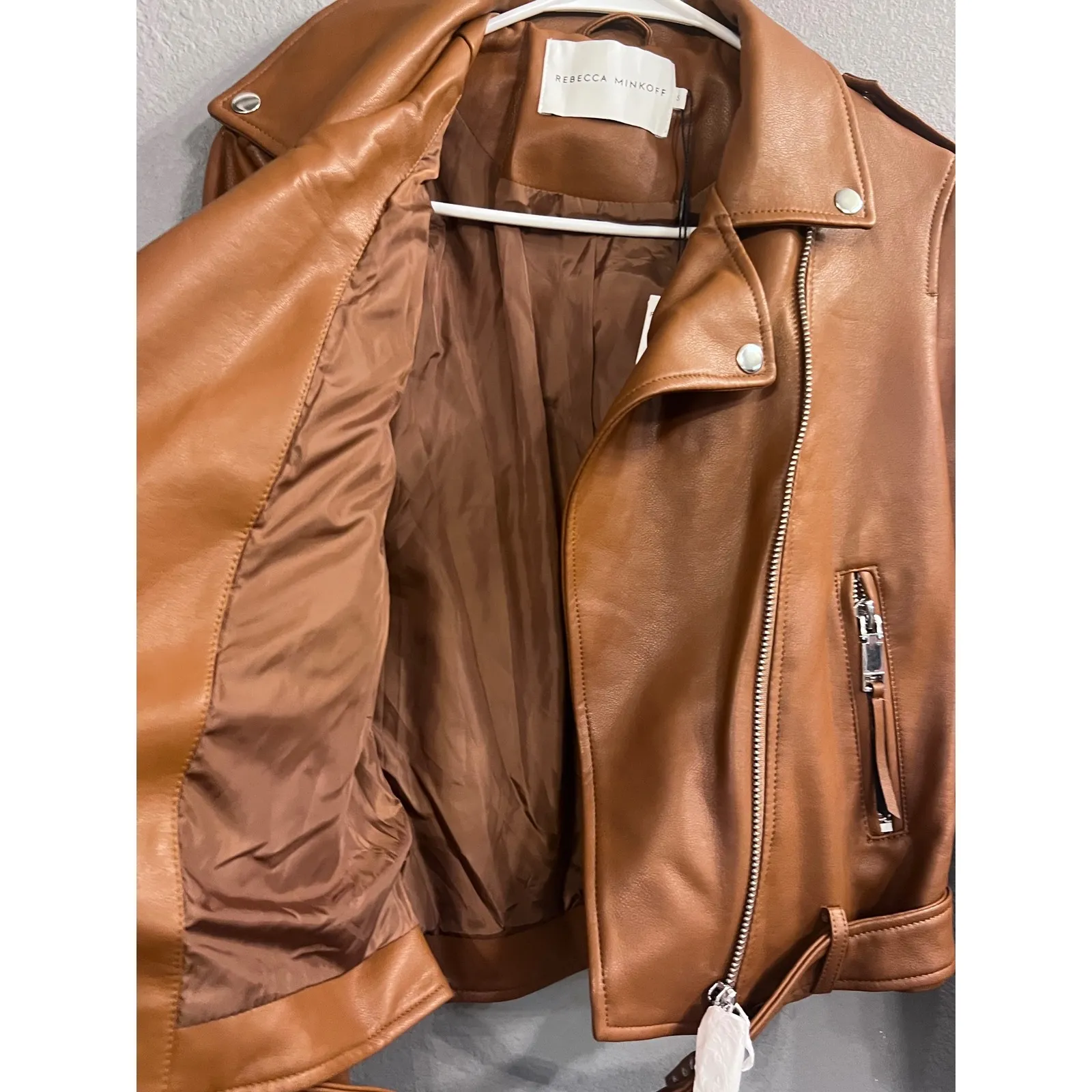 Rebecca Minkoff Cognac Brown Vegan Faux Leather Moto Jacket‎ Biker Zip Up Small - Image 10