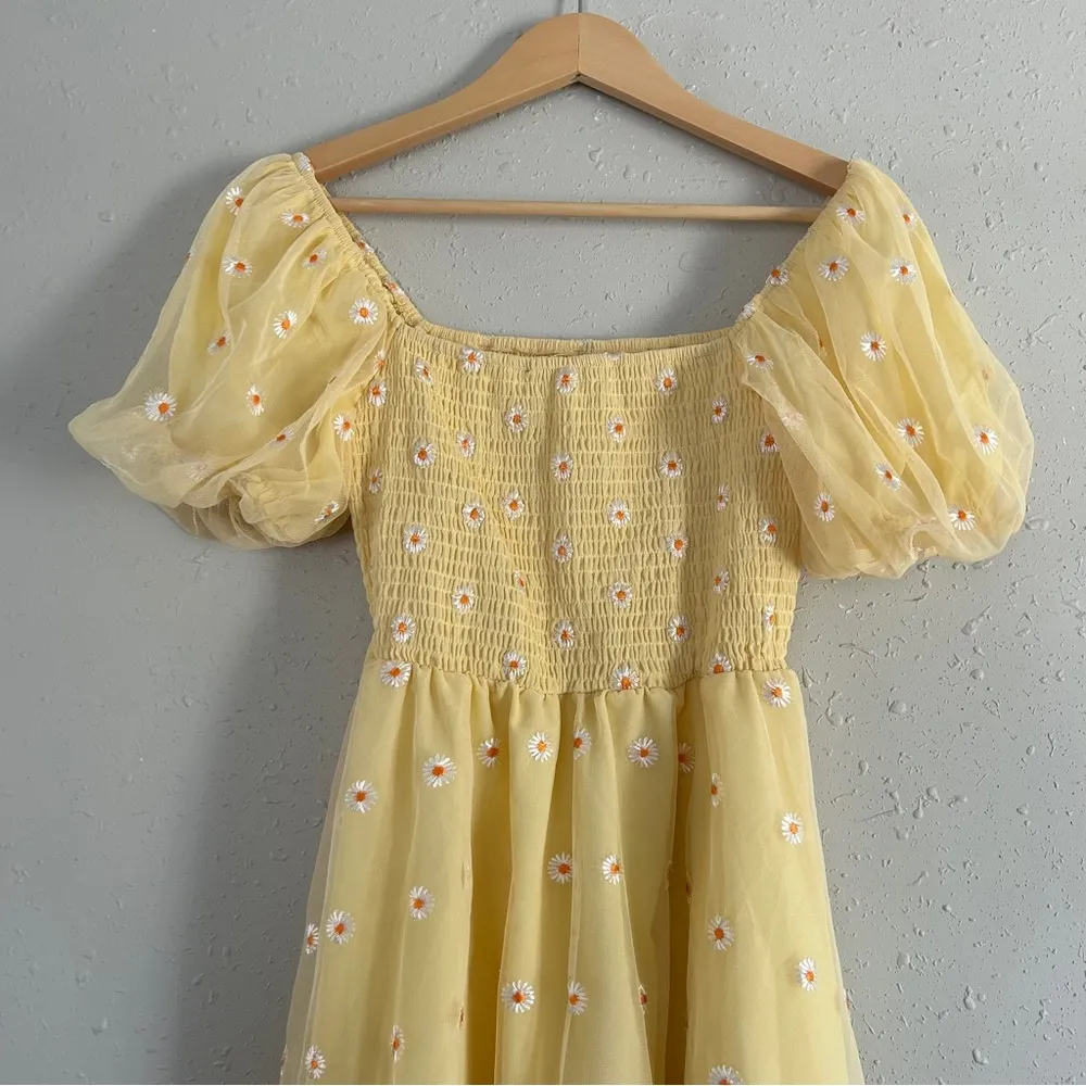 Yellow Pastel Floral Smocked Puff Sleeve Midi Dress Spring Easter Formal XS - Image 3