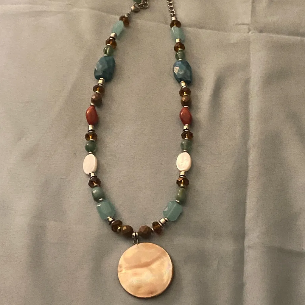 14” To 18” Necklace Round Pearlescent Pendant Beaded Chain Blue Brown Red Boho - Image 2