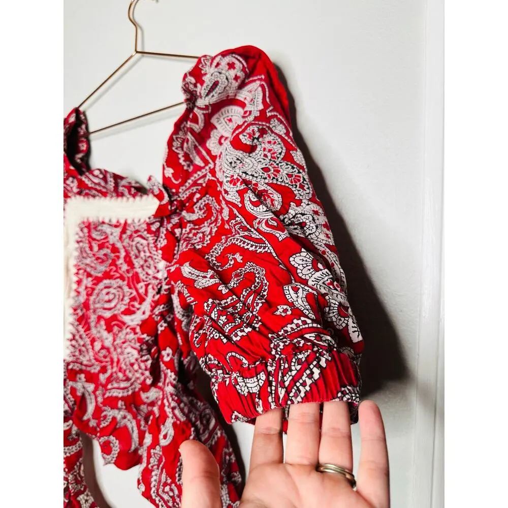 SEA Theodora Red Paisley Bandanna Print Tie Back Puff Sleeve Top Size Large - Image 7