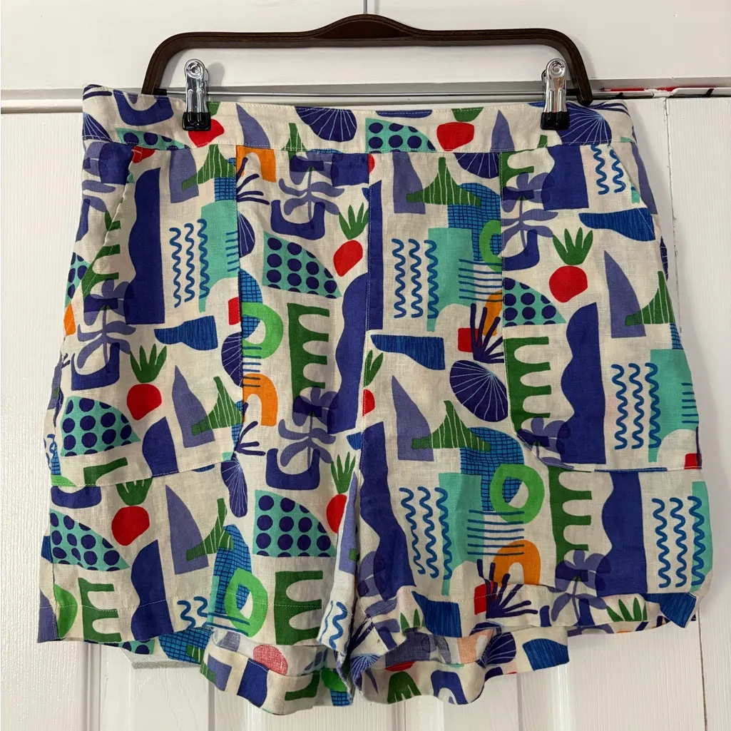 Artonomo Creative Colorful Abstract Print 100 Percent Linen‎ Shorts Size XL EUC Blue - Image 2