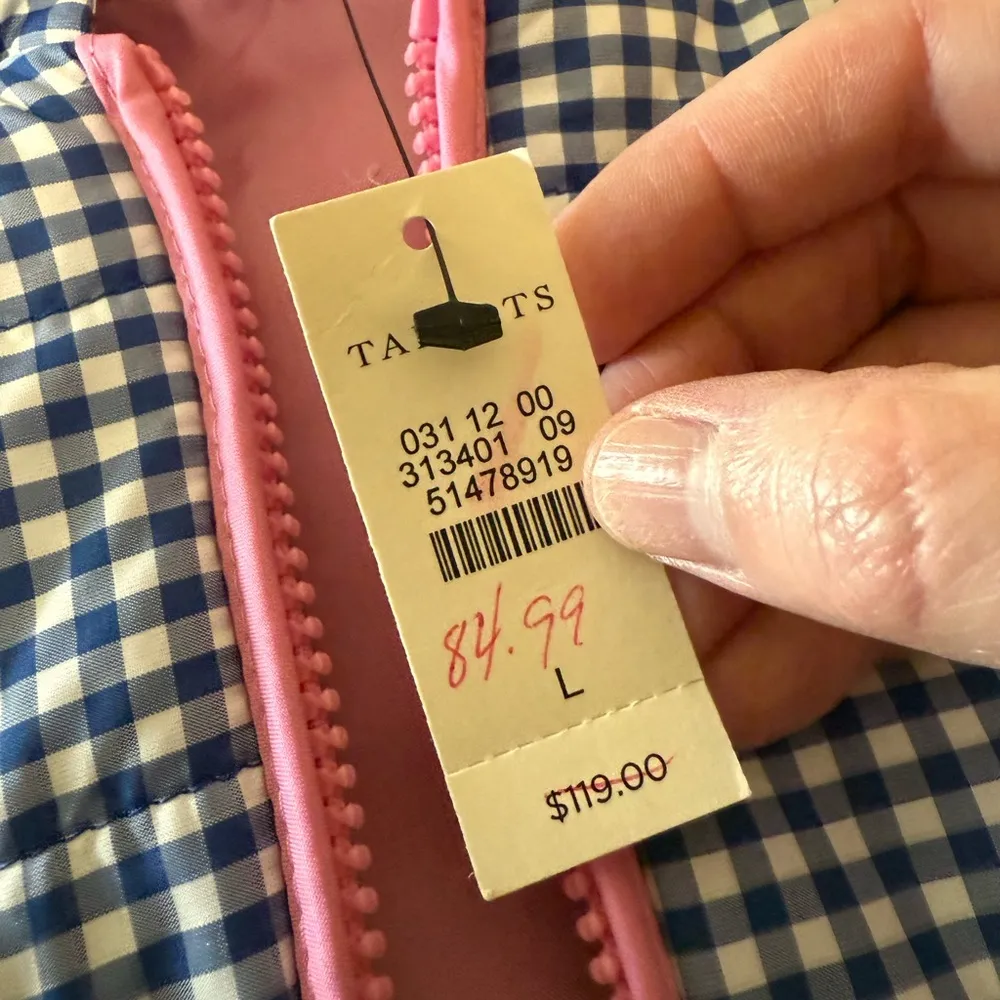 Talbots Women’s Blue And White Gingham Checks Full Zip Vest Pink Trim NWT Large - Image 7