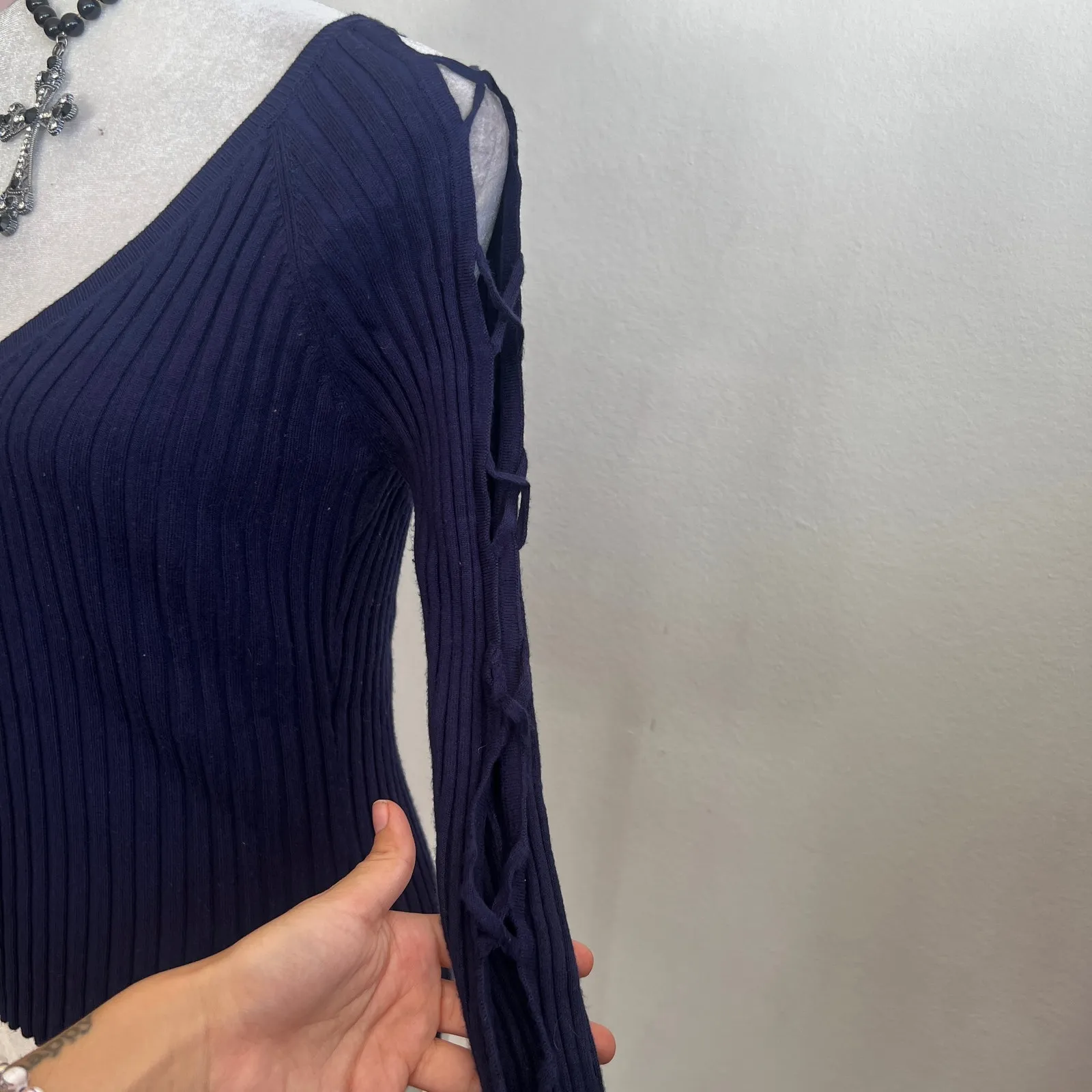 Blue Ribbed Cut Out Long Sleeve Top‎ Y2K 2000s Indie Sleaze Tumblr Grunge Small - Image 3