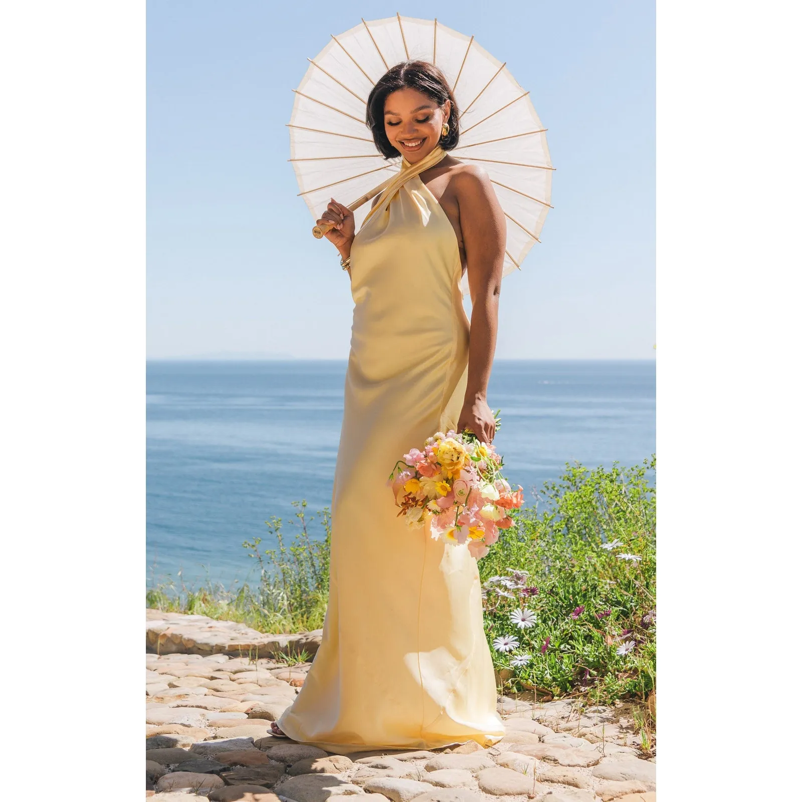 Show Me Your Mumu Jasmine Halter Maxi Dress Pale Yellow Luxe Satin M - Image 2