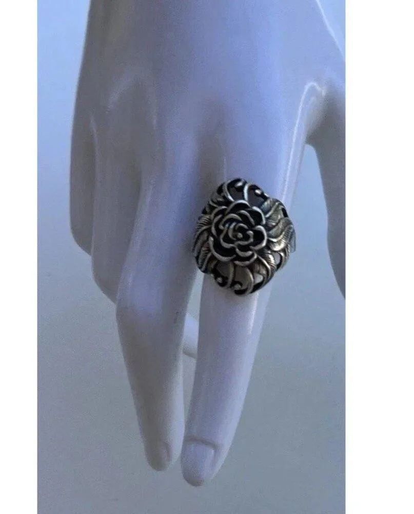 Vintaghe 925 Sterling Silver Carved Rose Flower Ring size 10 Signed Stamped - Image 10