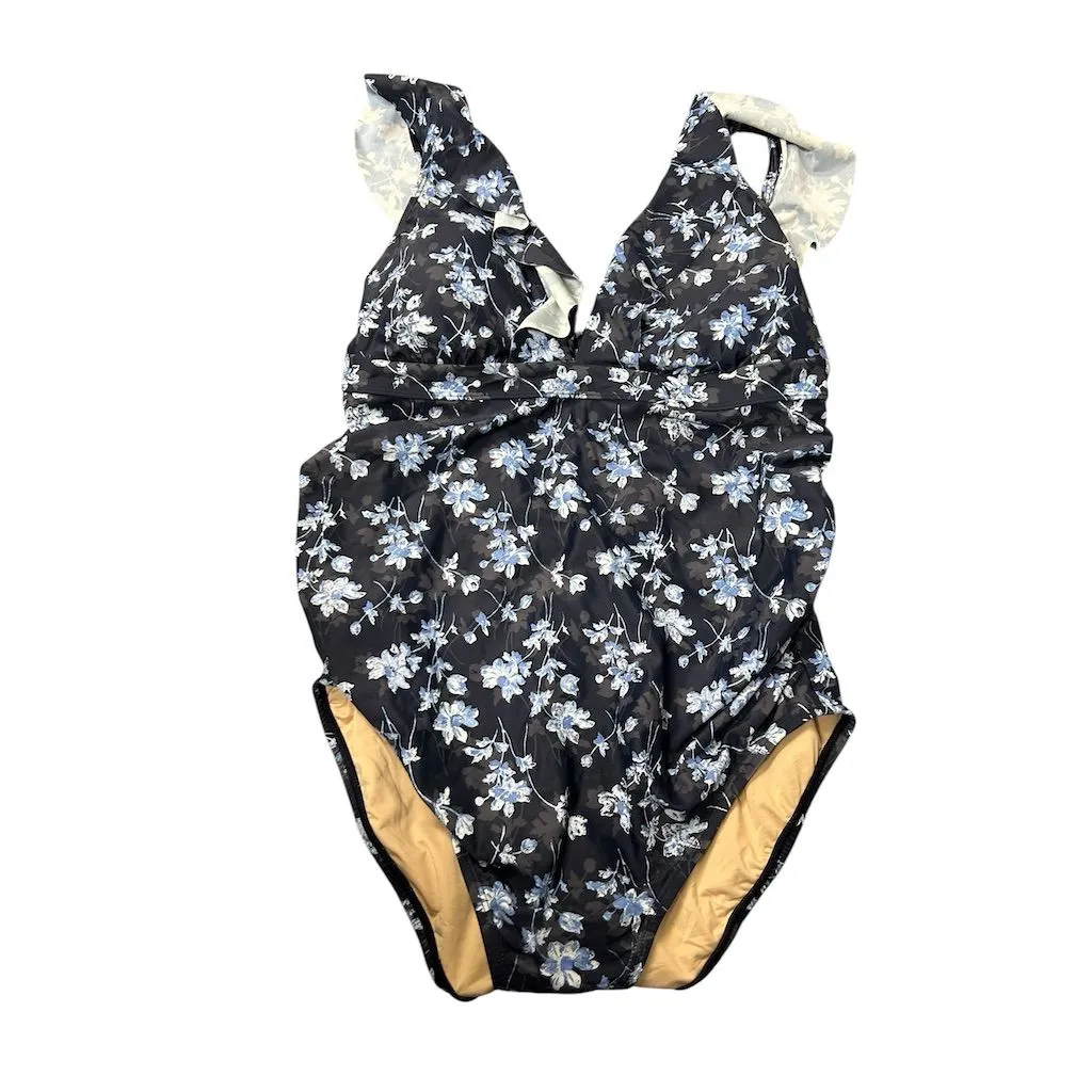 A Pea in the Pod Maternity Blue Floral Ruffle‎ One Piece Swimsuit M - Image 3