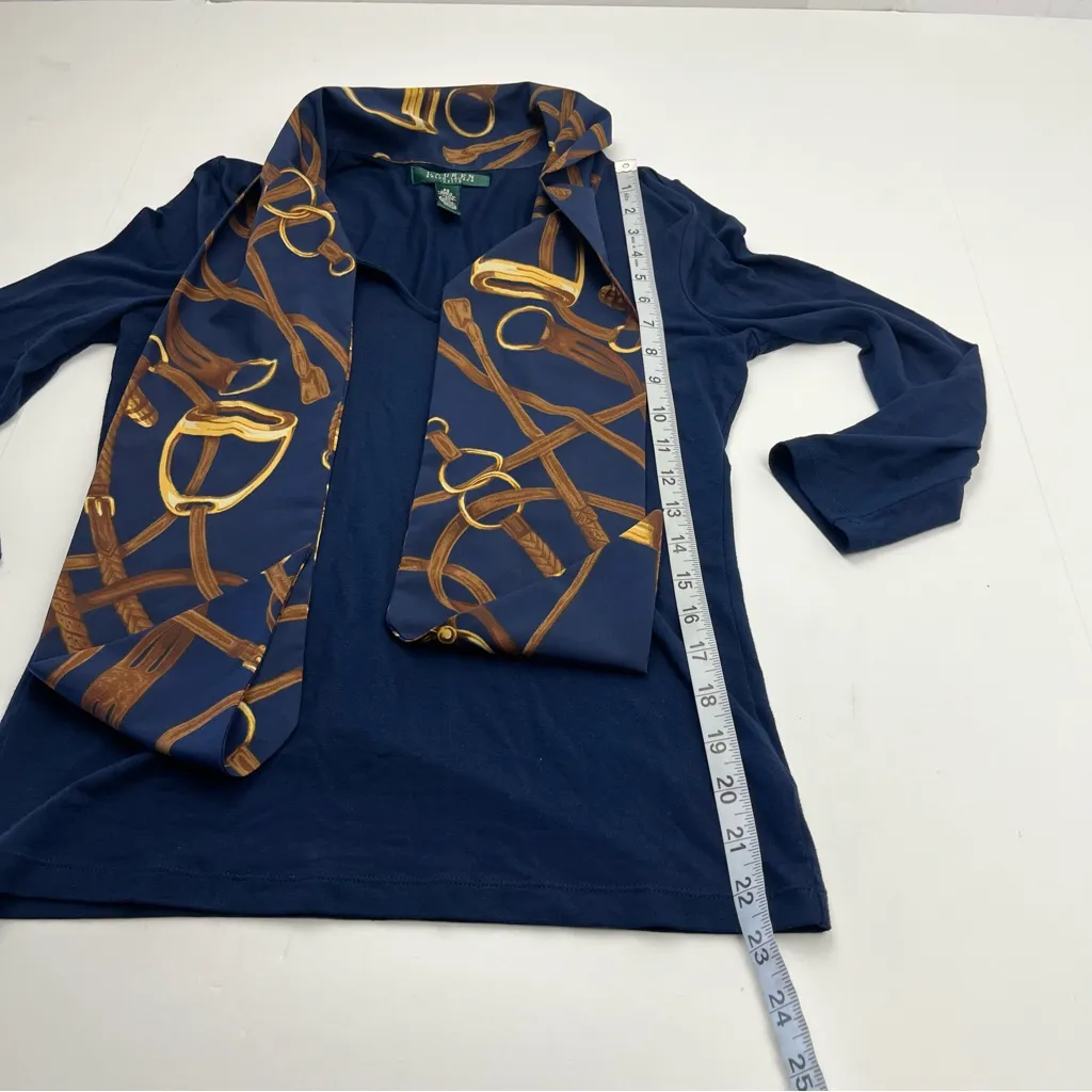 Lauren‎ Ralph Lauren Equestrian Bridle Print Scarf Blue Gold Top Petite Small - Image 6