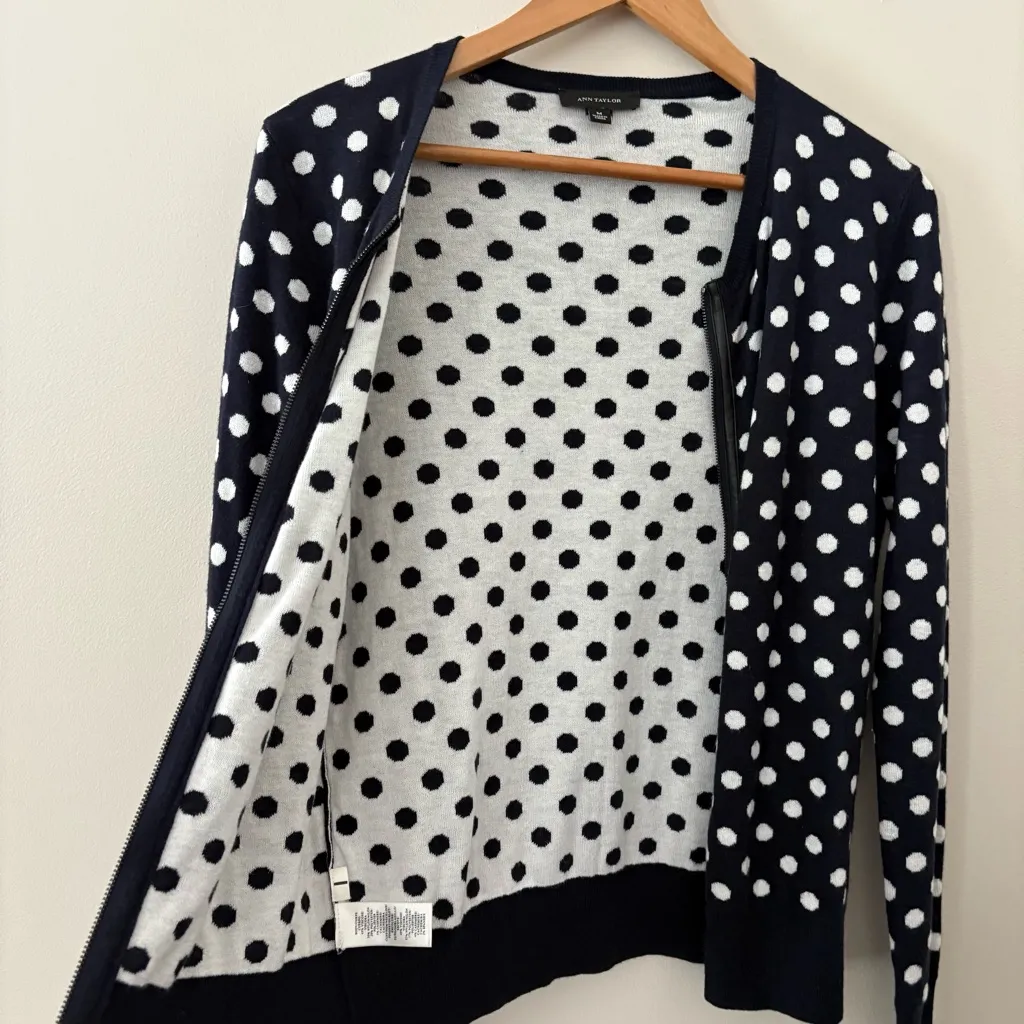 Ann Taylor Polka Dot Zip Cardigan Viscose Cashmere Blend Navy White Size M - Image 9