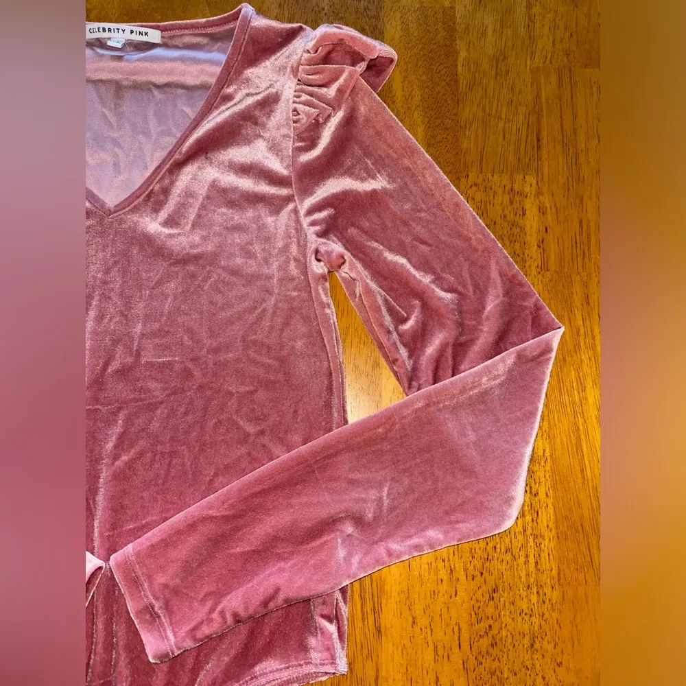 Celebrity Pink V-Neck Velvet Ruffled Long Sleeve Bodysuit - Image 3