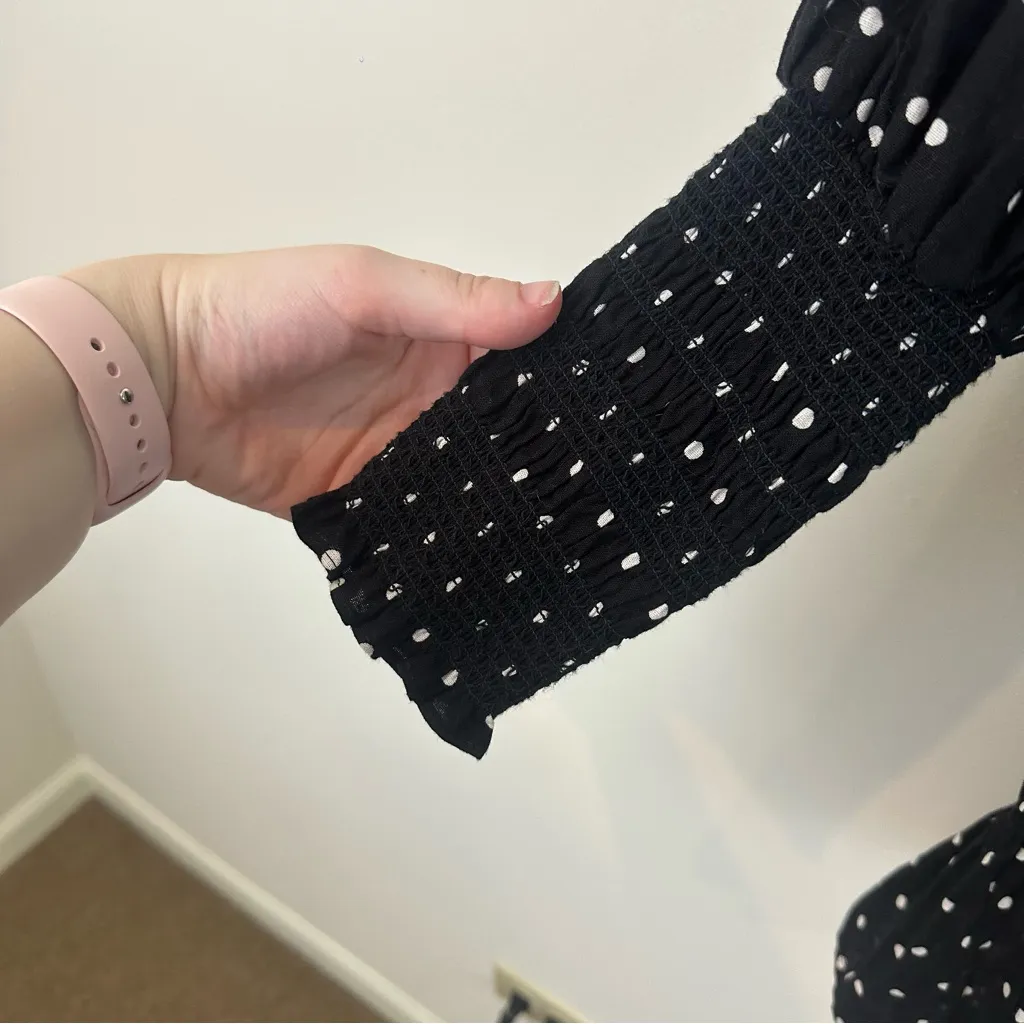 ASOS DESIGN Petite Shirred Mini Shirt Dress in Black Polka Dots Size 12 - Image 4